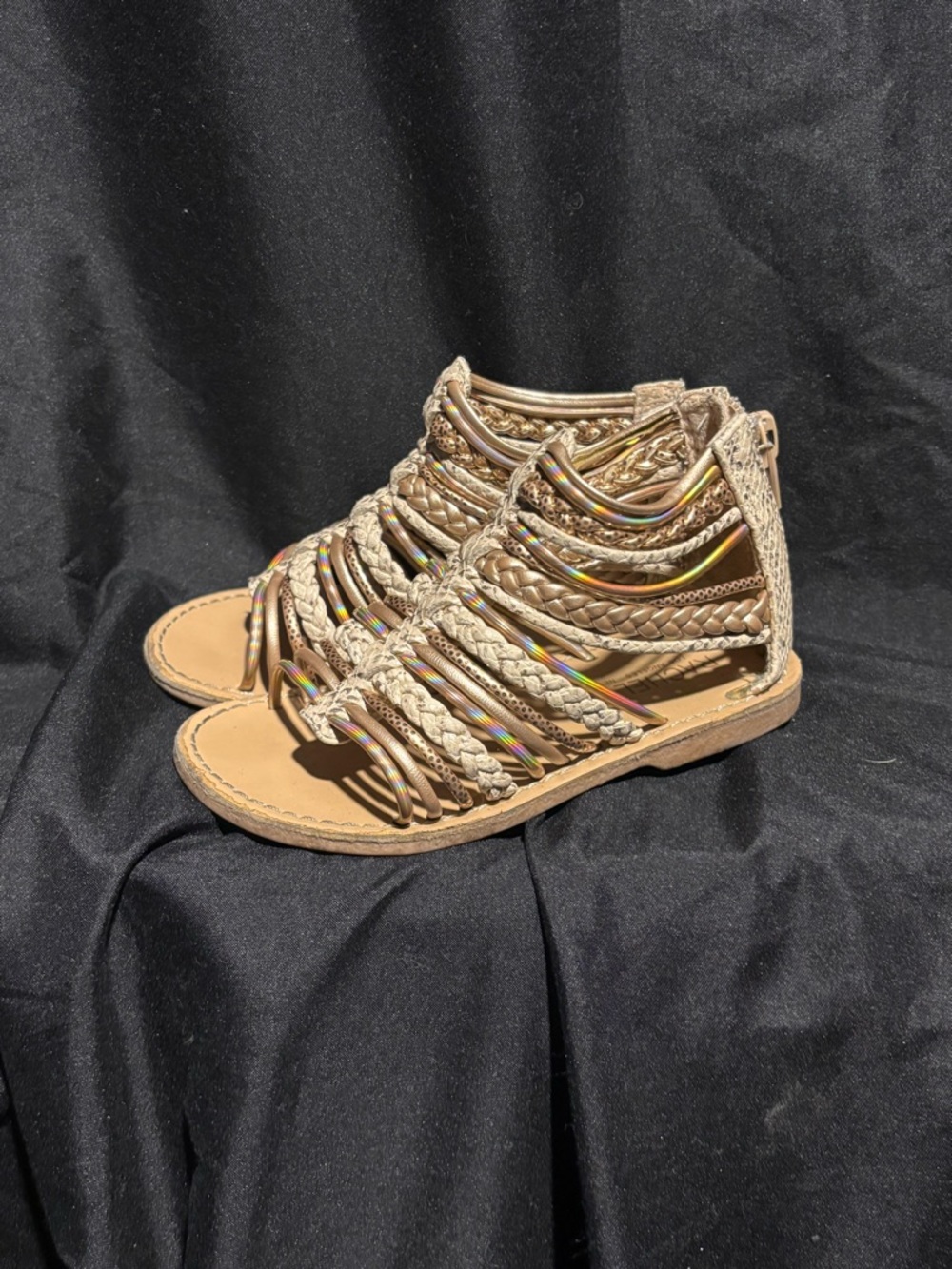 Braided Multi-Strap Gladiator Sandals - Tan with Iridescent Accents